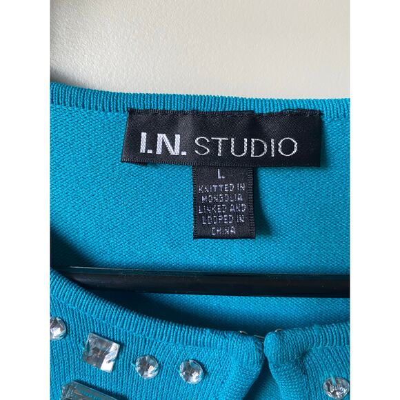 I.N. Studio Blue Bejeweled Beaded 3/4 Sleeved Knitted Blouse- Size Large - Picture 4 of 8